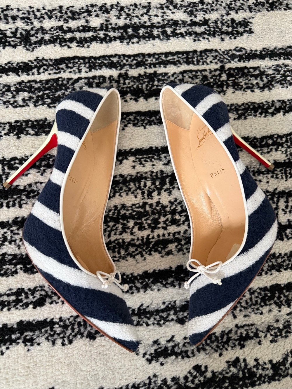 Christian Louboutin Navy and White Striped Pointed Toe Pumps